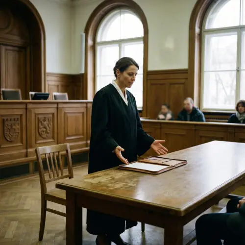 Anwältin in Robe breitet ratlos die Hände über einer leeren Akte aus, neben ihr ein unbesetzter Stuhl im Gerichtssaal.