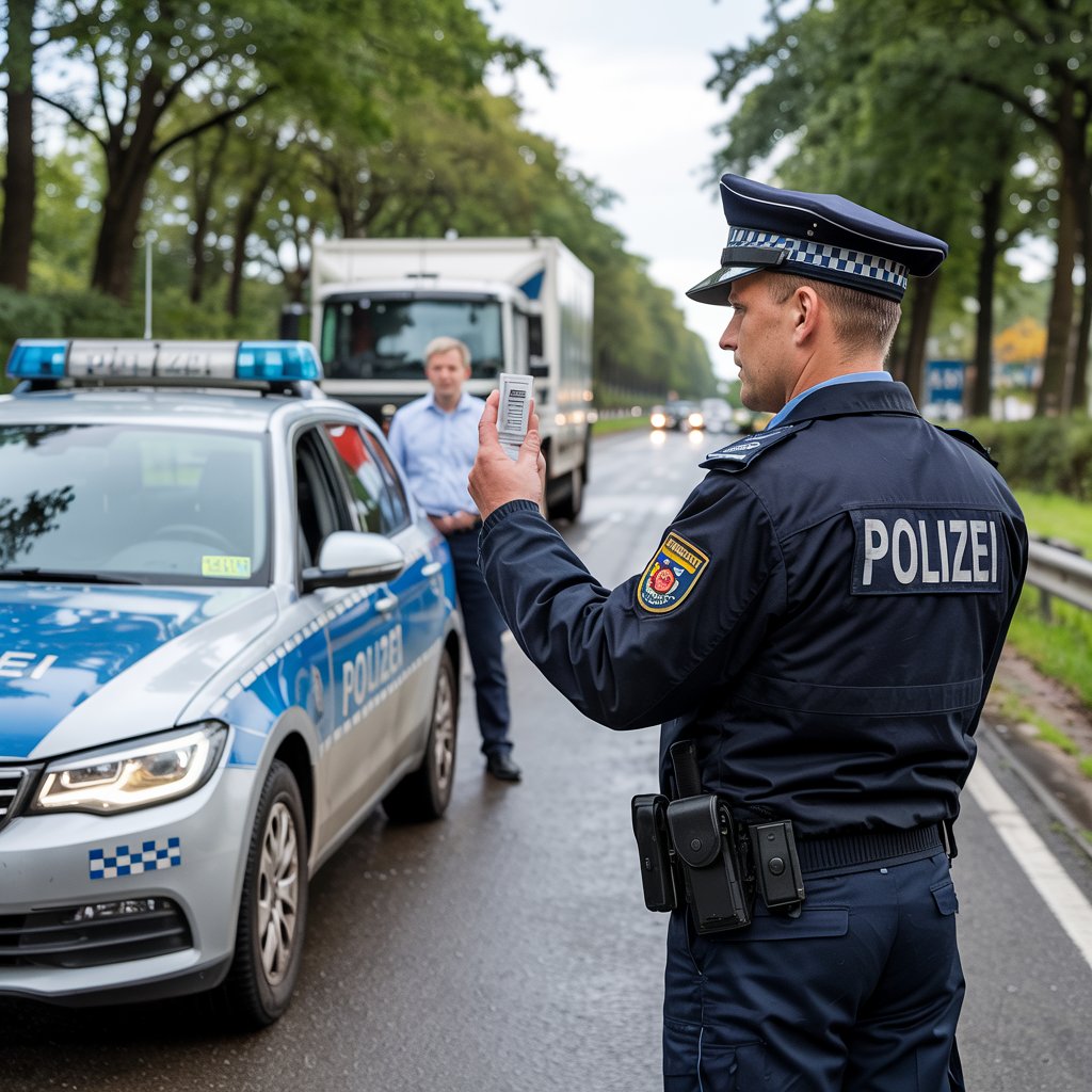 Polizei kontrolliert Fahrer mit Drogenschnelltest. Cannabis am Steuer: Drogen im Straßenverkehr.