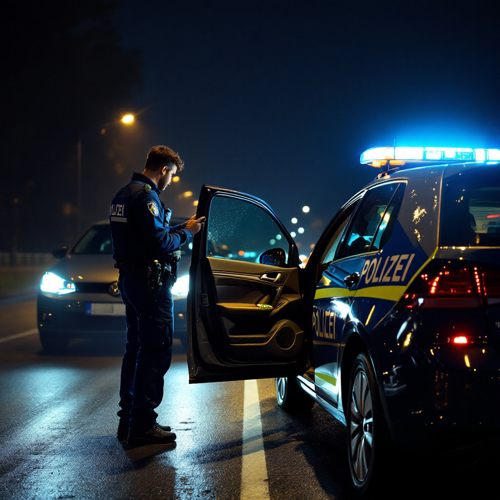 Polizeikontrolle bei nächtlichem Berlin: Polizist durchsucht schwarzen Golf, Fahrer mit Drogenverdacht und Cannabis-Patient.