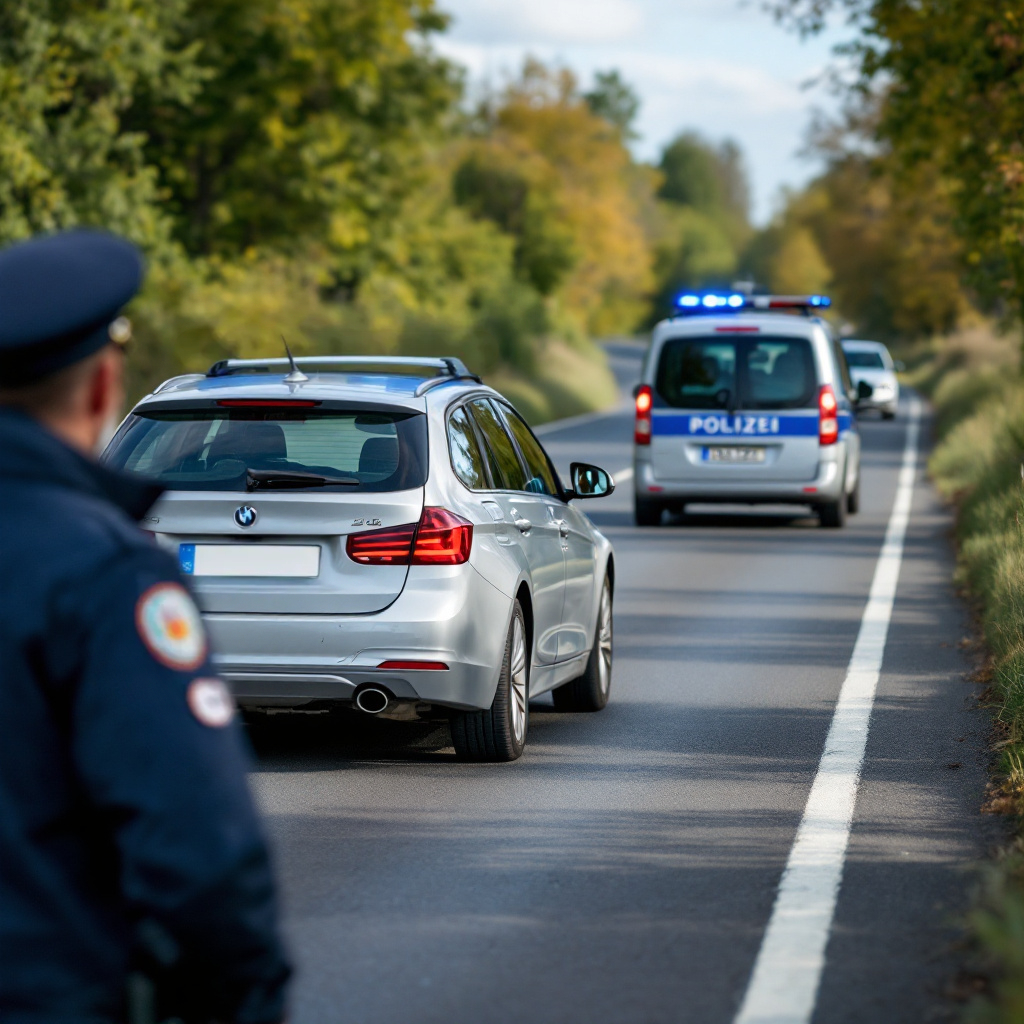 Polizeikontrolle Landstraße. Geschwindigkeitsübertretung. Bußgeld droht.