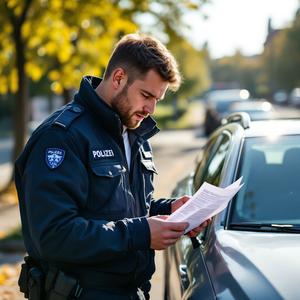 Autofahrer liest Bußgeldbescheid auf Parkplatz, zeigt Überraschung und Ärger, Sonne blendet.